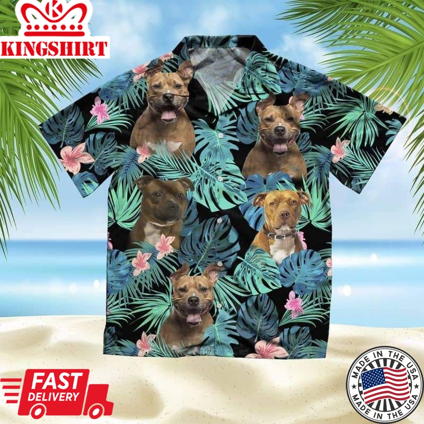 American Staffordshire Terrier Trendy Hawaiian Shirt, Dog Summer Leaves Trendy Hawaiian Shirt, Unisex Print Aloha Short Sleeve Casual Shirt Summer Gifts