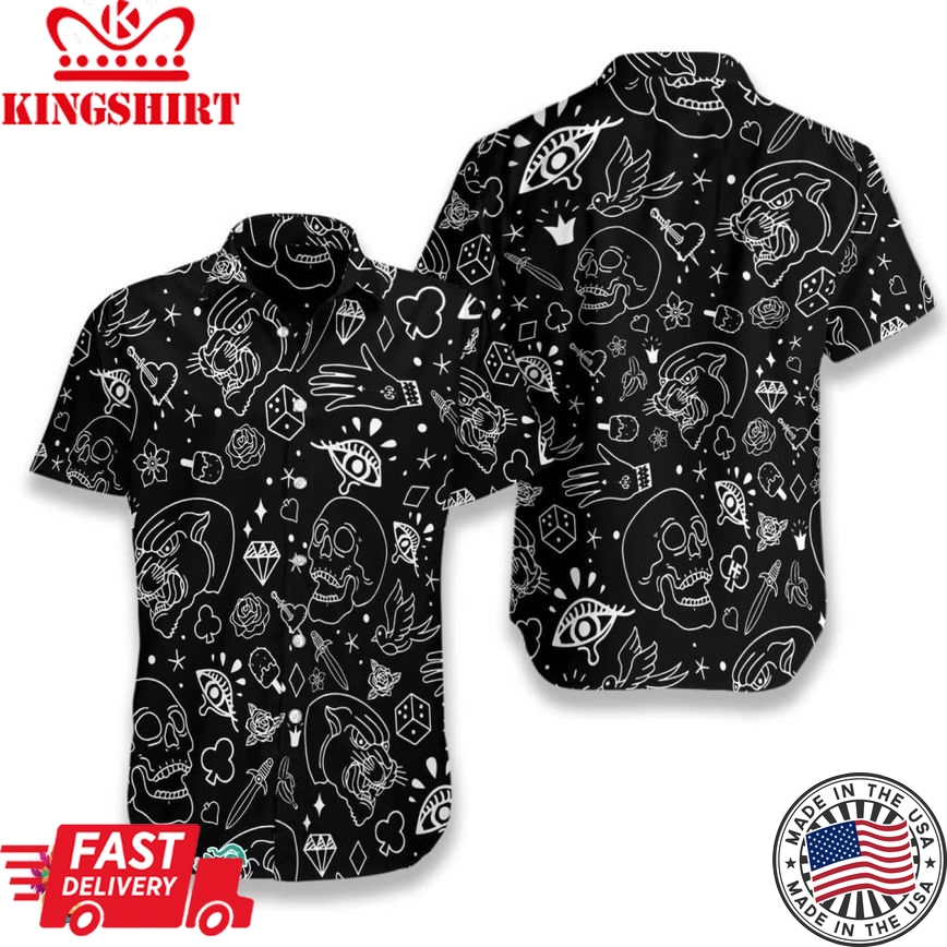 American Traditional Flash Tattoo Skull Hawaiian Shirt