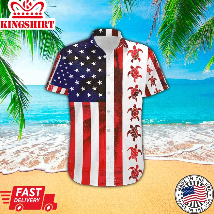 American Turtle Flag 3D Print Polyester Trendy Hawaiian Shirt, Hawaiian 3D Funny Shirt