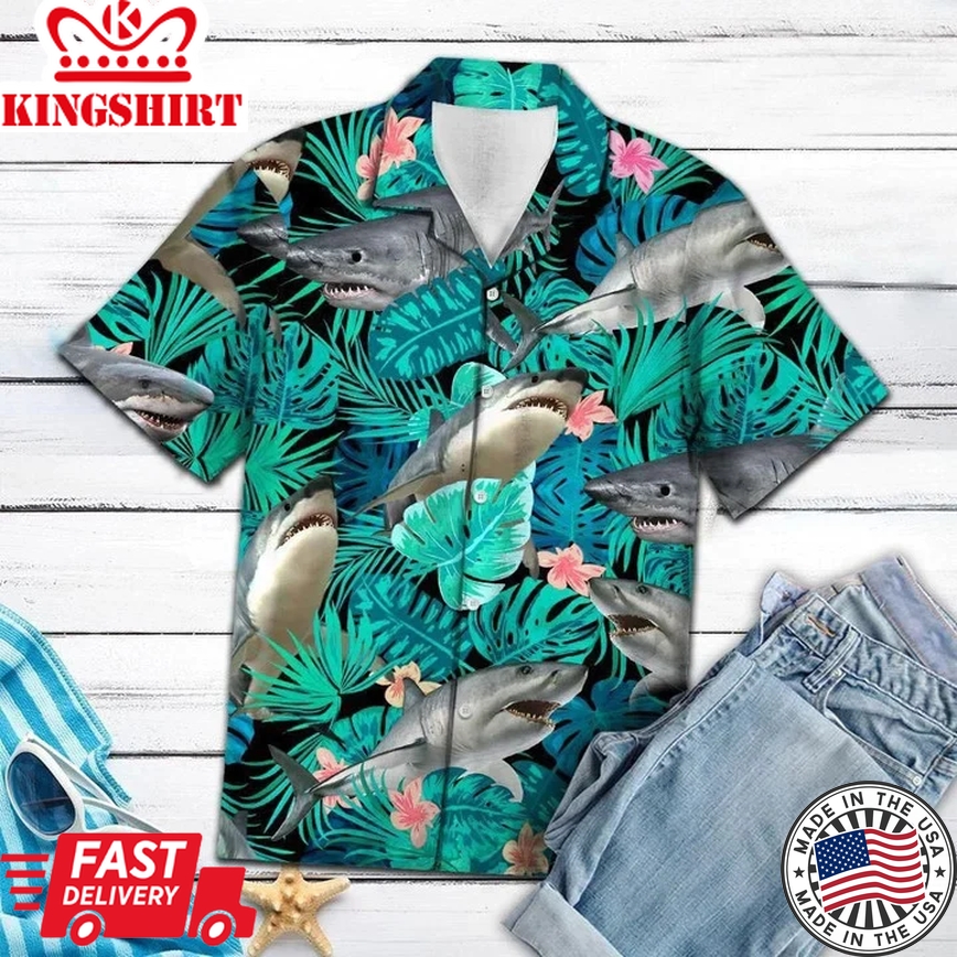 Angry Shark Tropical Jungle Design Trendy Hawaiian Shirt