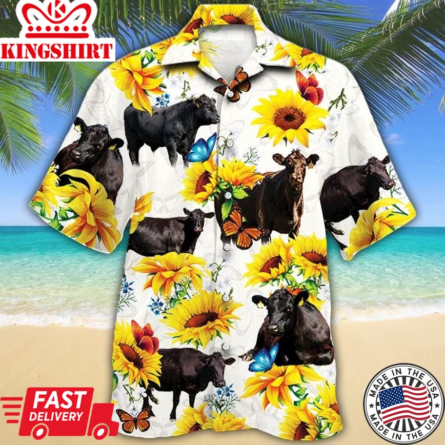 Angus Cattle On Sunflower Pattern Trendy Hawaiian Shirt, Cow Trendy Hawaiian Shirt For Summer Gifts