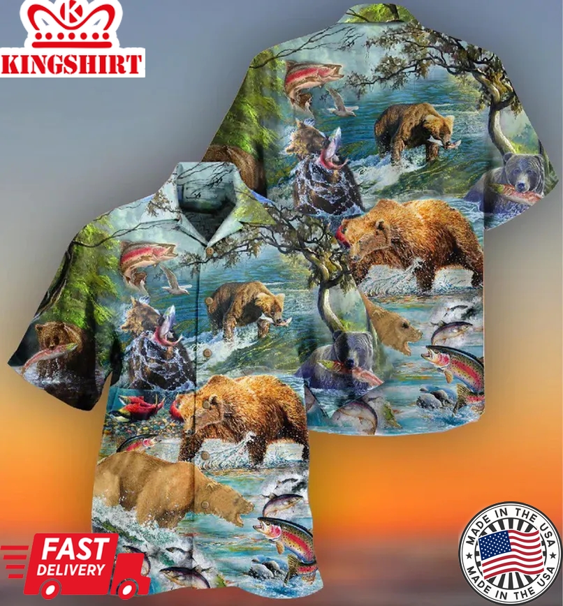 Animals Amazing Salmon Hunting With Bear Trendy Hawaiian Shirt 3D Summer Gifts