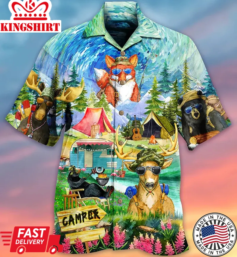 Animals Camping Camper Deer Fox Moose Bear Watercolor Colorful Painting Trendy Hawaiian Shirt 3D, Fox Lover Trendy Hawaiian Shirt For Summer Gifts