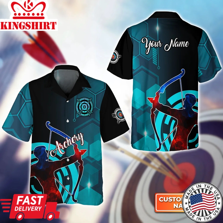 Archery Watercolor Short Sleeve Shirts Personalized Name 3D Target Bow Trendy Hawaiian Shirt, Gift For Archer Sport Lovers, Gift For Archer