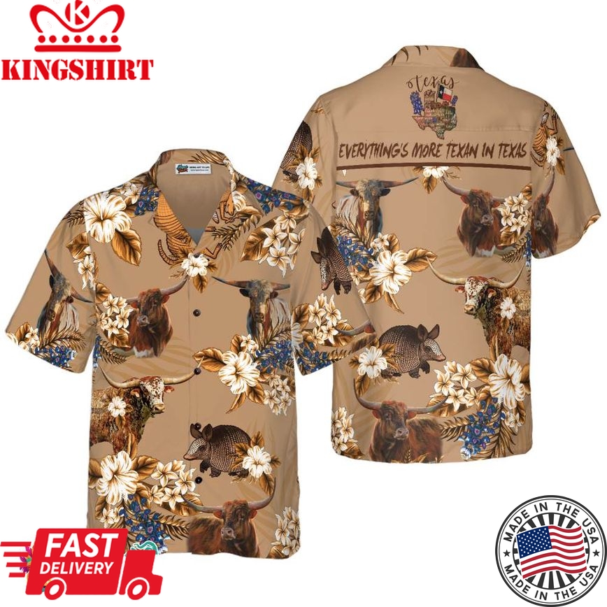 Armadillo And Longhorn Texas Hawaiian Shirt For Men, Everything's More Texan In Texas, Proud Texas State Flag Shirt