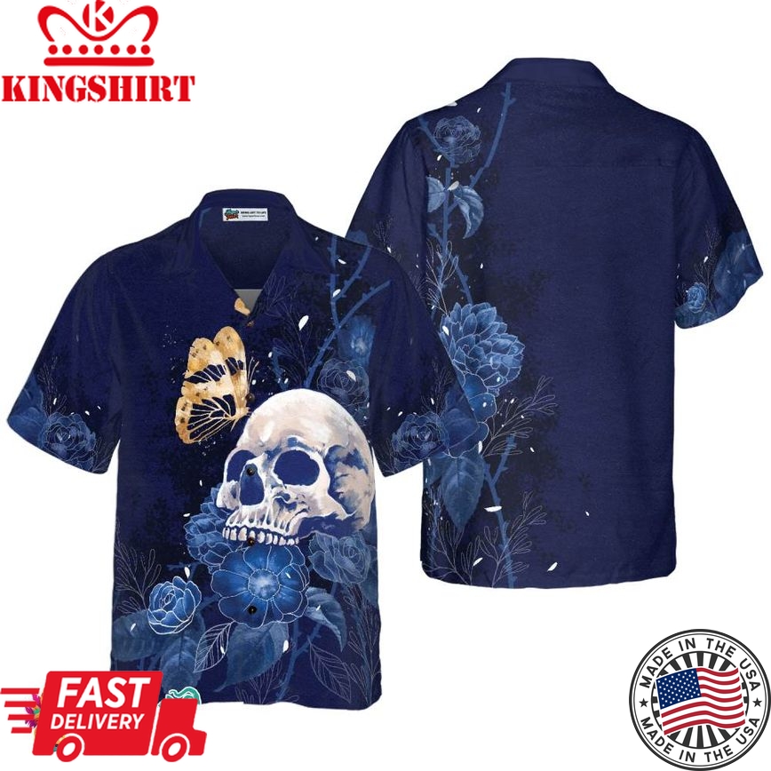 Artistic Gothic Skull With Butterfly Hawaiian Shirt For Men, Blue Peony Flowers Goth Hawaiian Shirt