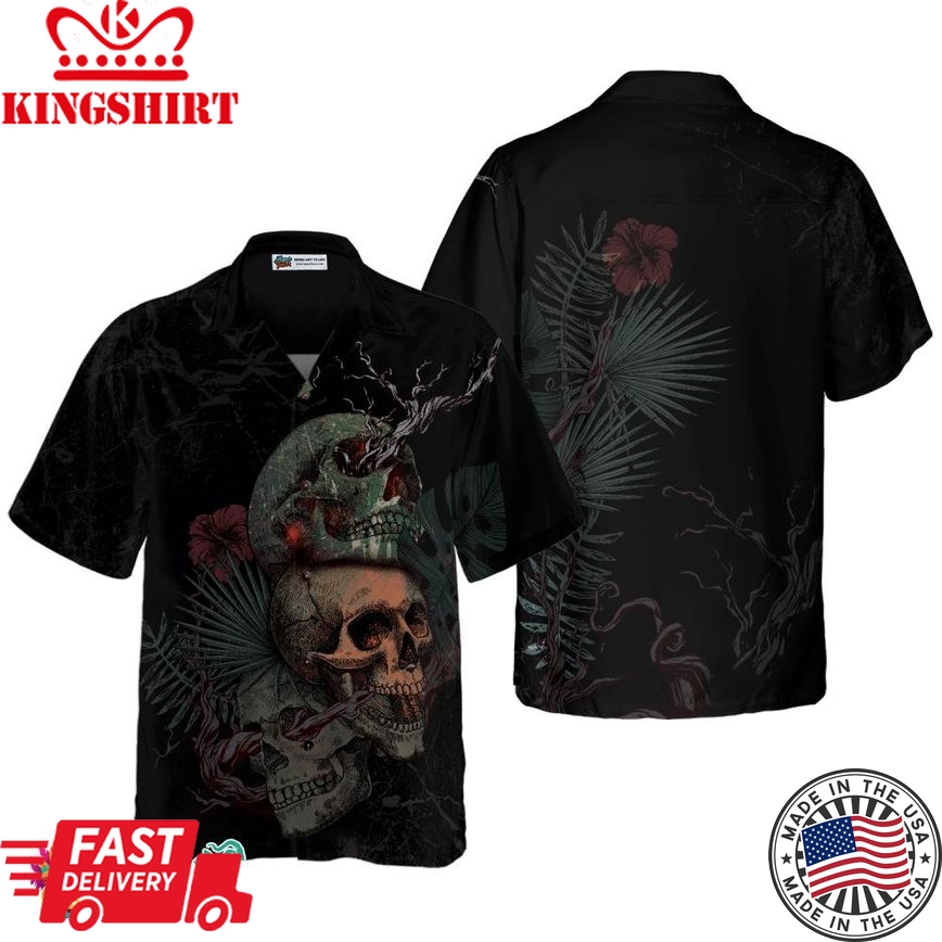 Artistic Gothic Skull With Flowers Goth Hawaiian Shirt, Black Hawaiian Shirt For Men