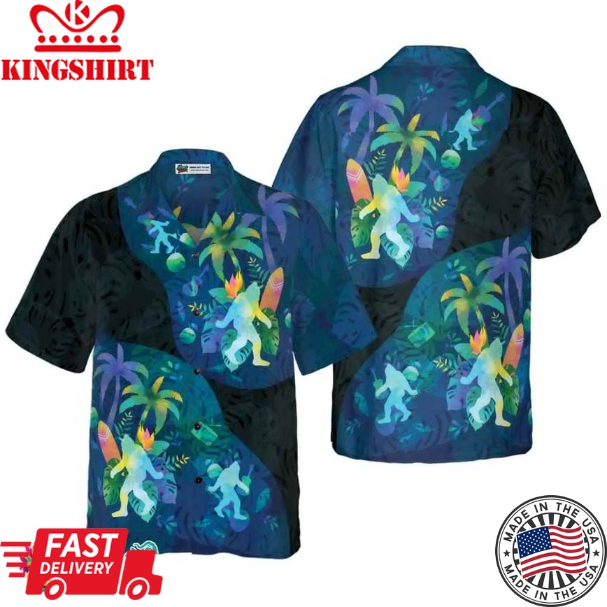 Artistic Summer Bigfoot Hawaiian Shirts For Men, Black And Blue Sasquatch Shirts