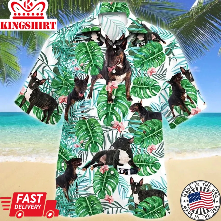 Astute Animal Miniature Bull Terrier Dog Tropical Plant Green Theme Trendy Hawaiian Shirt