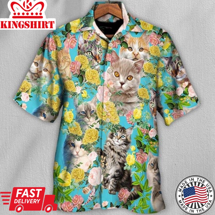 At With Flowers Trendy Hawaiian Shirt, Cat Lovers Gift, Summer Vibe Trendy Hawaiian Shirt For You, Trendy Hawaiian Shirt For Summer Vacation