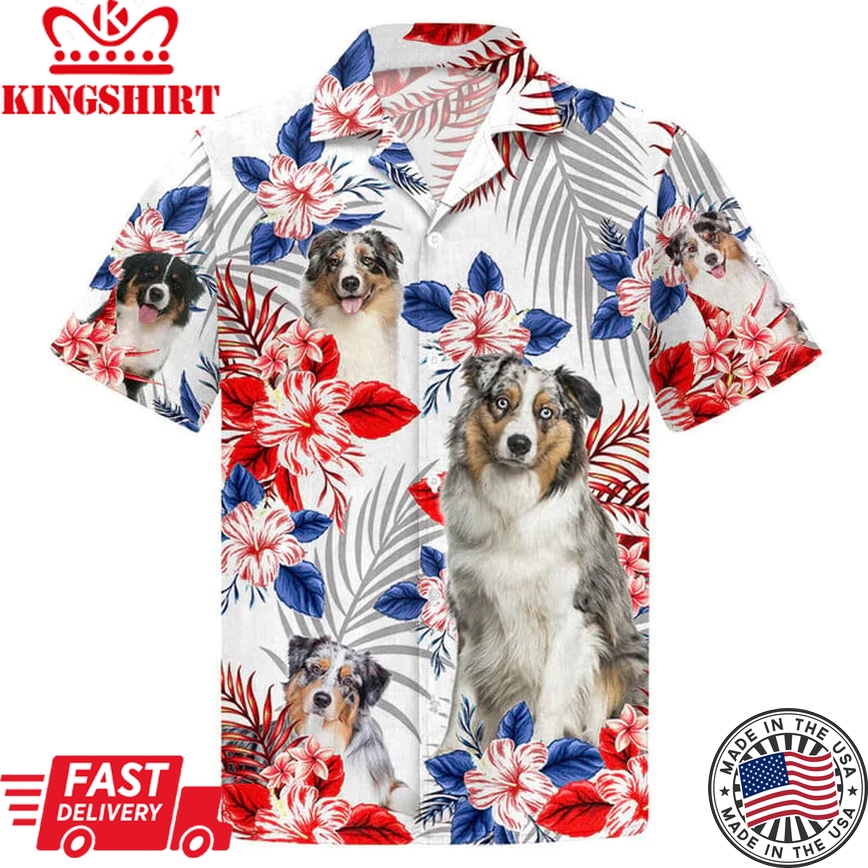 Australian Shepherd American Flag Trendy Hawaiian Shirt For Dog Lovers, Unisex Trendy Hawaiian Shirt