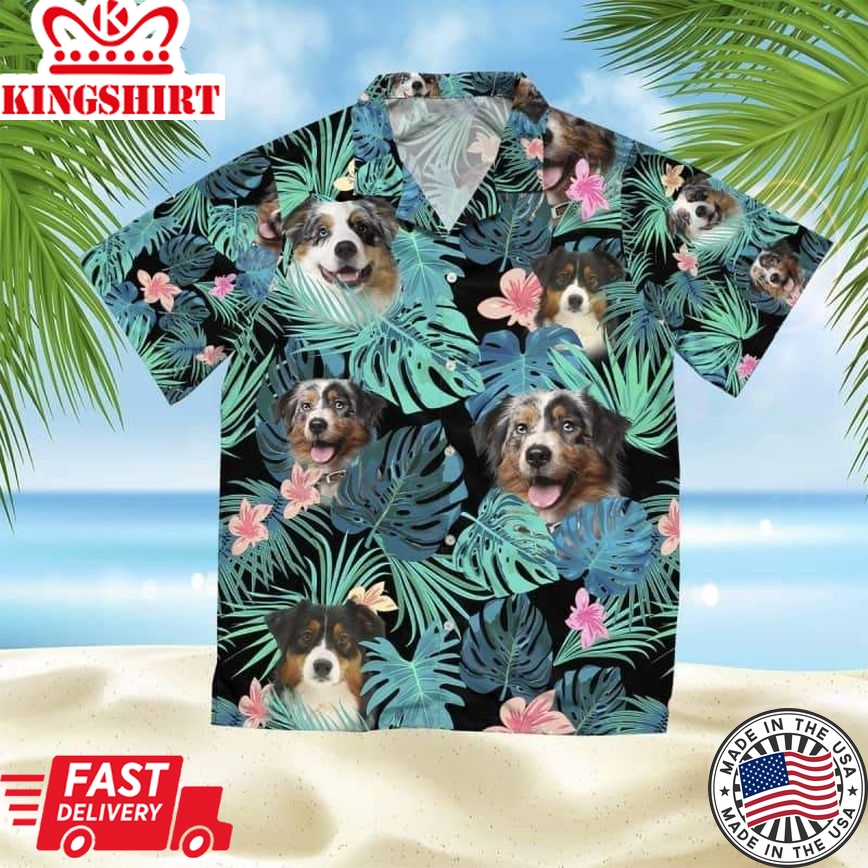 Australian Shepherd Dog Summer Leaves Trendy Hawaiian Shirt, Shepherd Trendy Hawaiian Shirt, Aloha Shirt For Dog Lover Summer Gifts