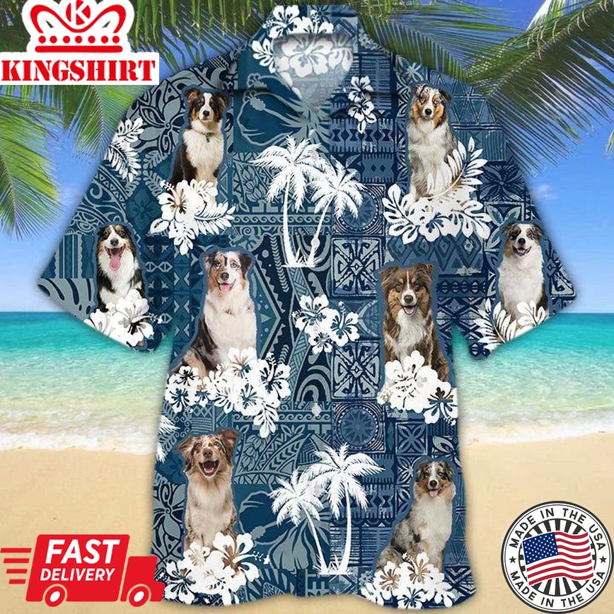 Australian Shepherd Hawaiian Tropical Plants Pattern Blue And White All Over Printed 3D Trendy Hawaiian Shirt