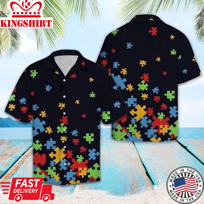 Autism Awareness Hawaii Shirt Black Colorful Autism Puzzle Piece Hawaiian Shirt