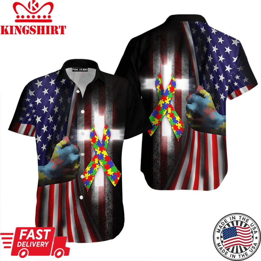 Autism Cross American Flag Trendy Hawaiian Shirt