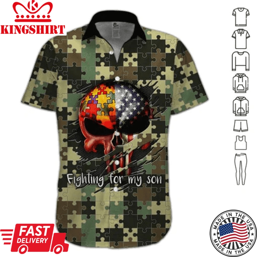 Autism Hawaii Shirt Skull Us Flag Autism Fighting For My Son Trendy Hawaiian Shirt