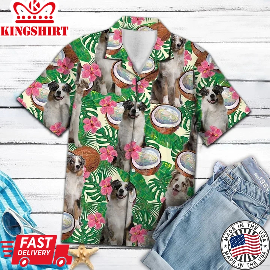 Awesome Australian Shepherd Tropical Coconut Pattern Trendy Hawaiian Shirt