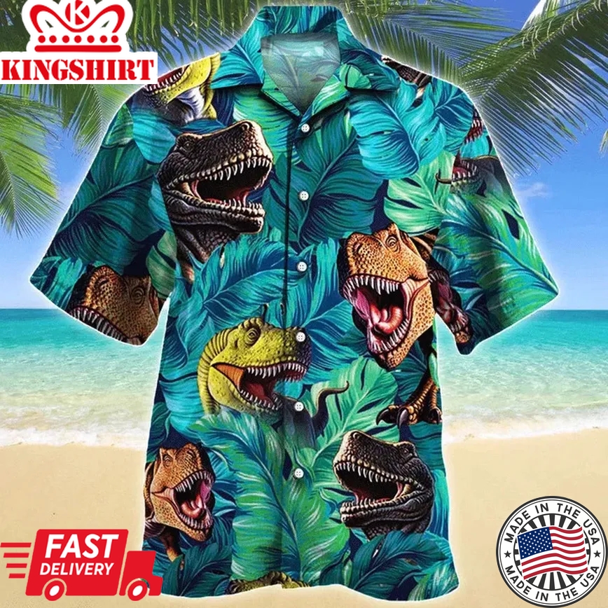 Awesome T-Rex Dinosaur Lovers Gift Summer Beach Palm Tree Pattern Trendy Hawaiian Shirt