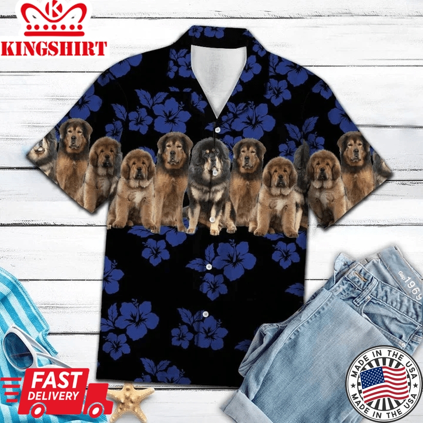 Awesome Tibetan Mastiff Dog Group On Hibiscus Trendy Hawaiian Shirt