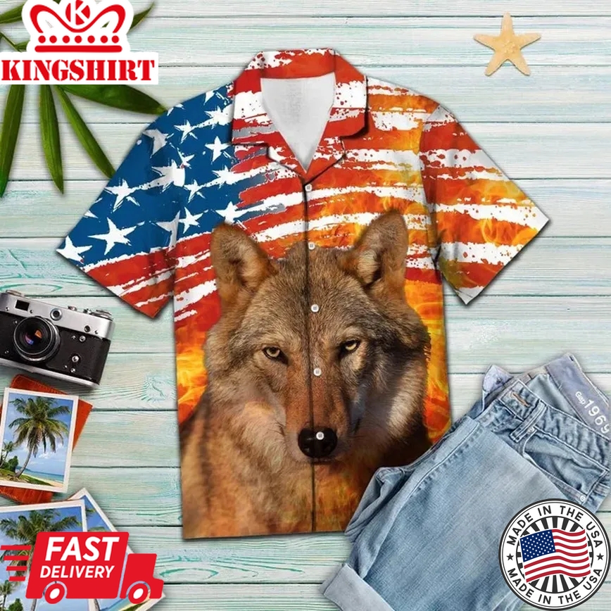 Awesome Wild Wolf Portrait On Usa Flag Pattern Trendy Hawaiian Shirt