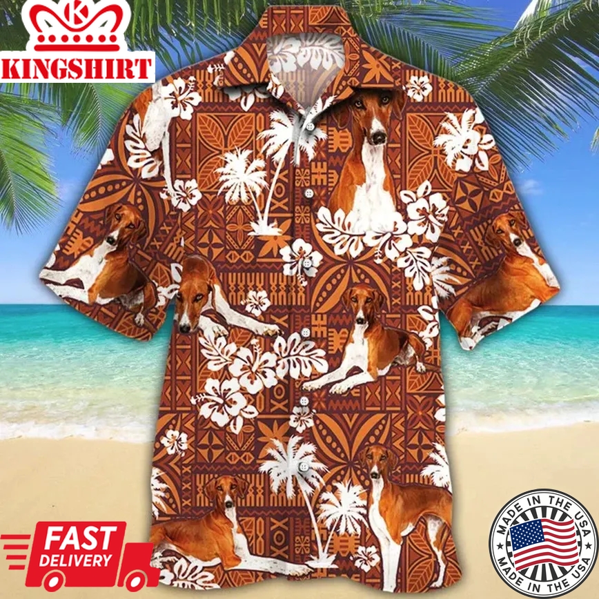 Azawakh Dog With White Palm Trees And Hibiscus In Brown Trendy Hawaiian Shirt