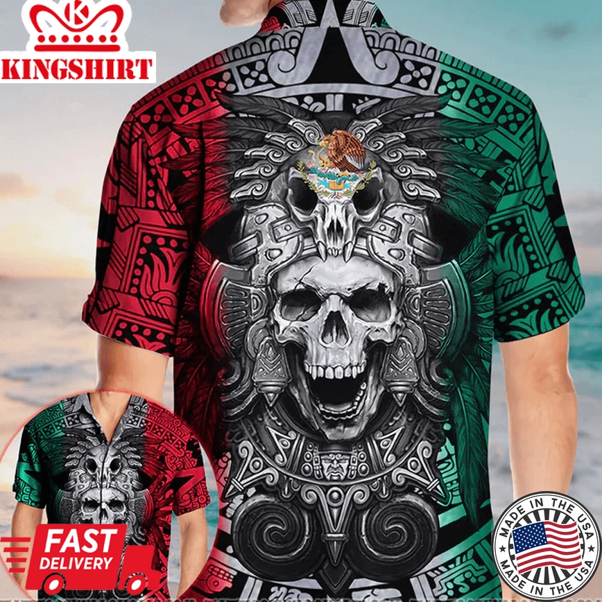 Aztec Mexico Skull Trendy Hawaiian Shirt, Perfect Skull Aloha Shirt, Skull Clothing, Skull Hawaii Shirt Men