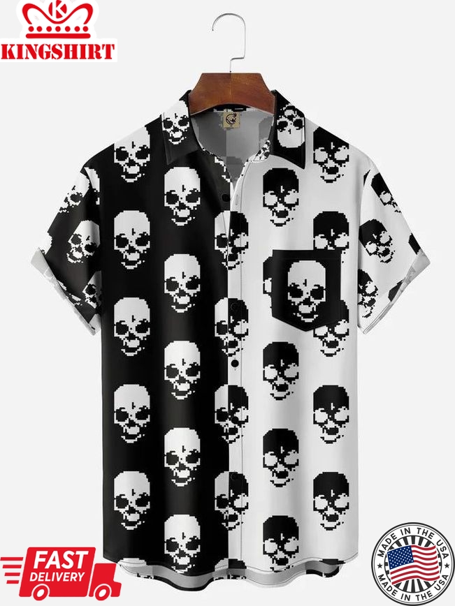 B&W Skulls Chest Pocket Short Sleeve Casual Shirt