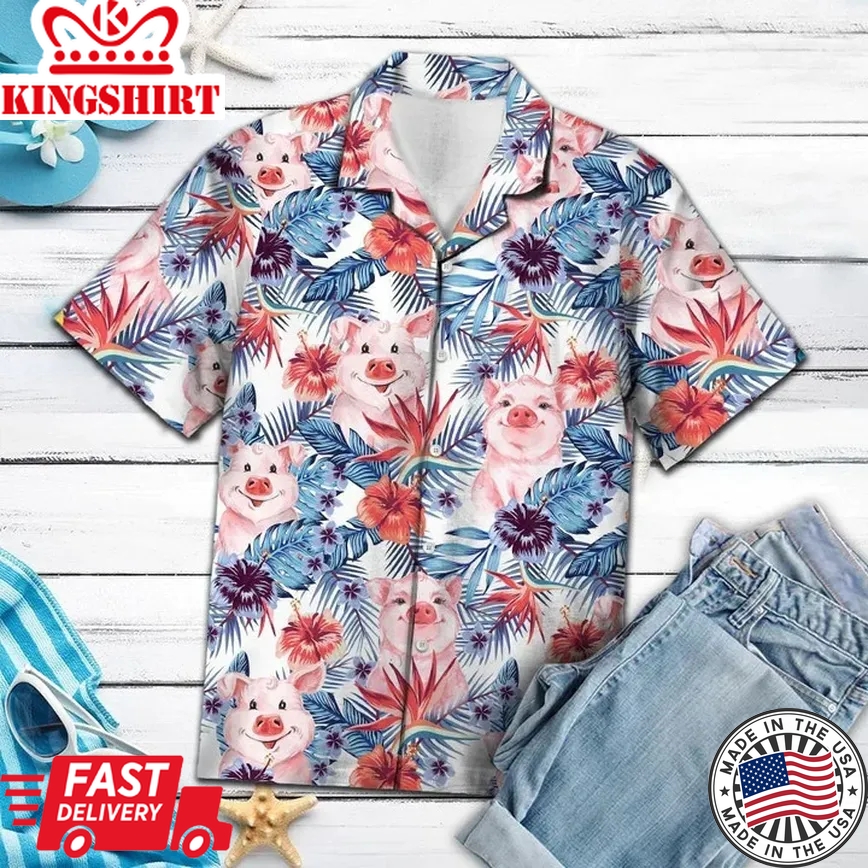 Baby Pig Tropical Palm Tree Leaves Summer Vacation Aloha Trendy Hawaiian Shirt