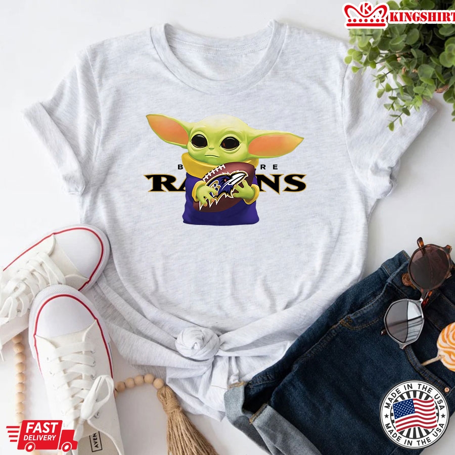 Baby Yoda Holding Baltimore Ravens T-Shirt