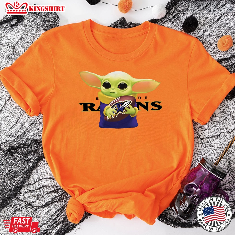 Baby Yoda Holding Baltimore Ravens T-Shirt