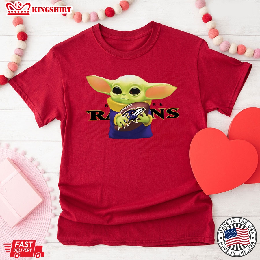 Baby Yoda Holding Baltimore Ravens T-Shirt