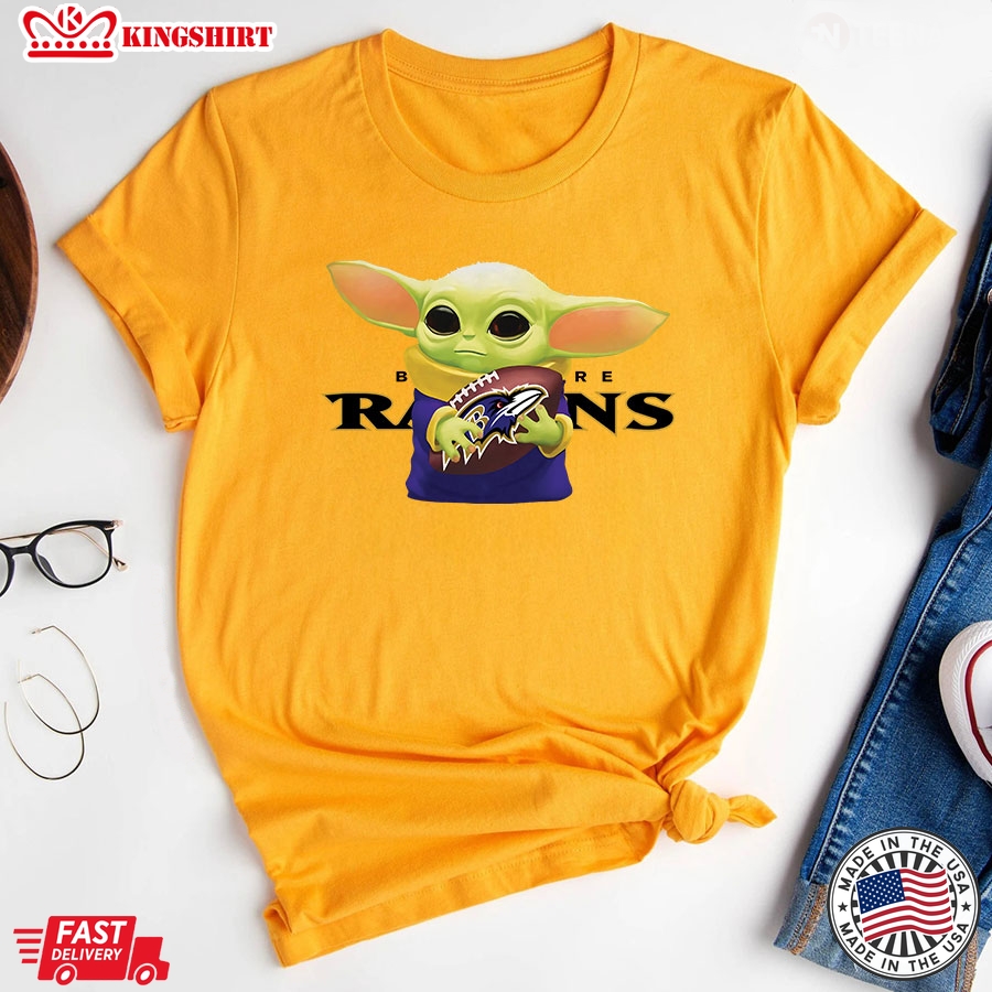 Baby Yoda Holding Baltimore Ravens T-Shirt