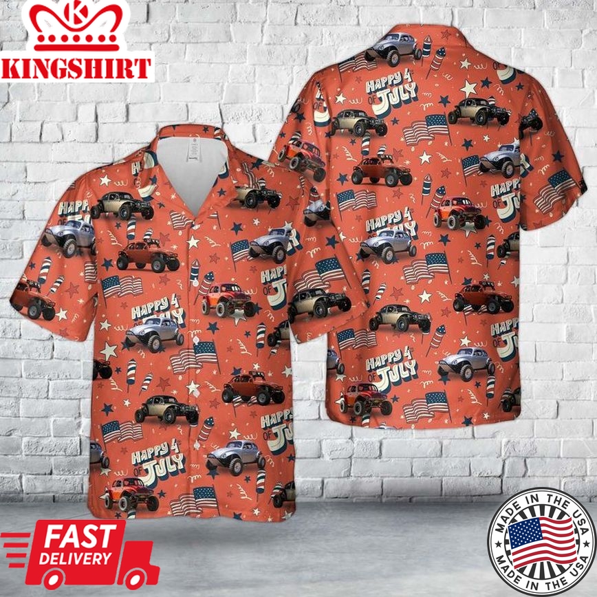 Baja Bug 4Th Of July Trendy Hawaiian Shirt, Short Sleeve Trendy Hawaiian Shirt For Men