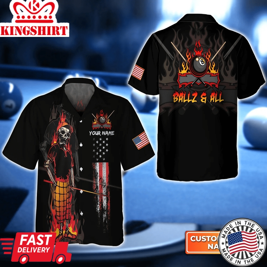 Ballz & All Team Bones 8 Ball American Flag Billiards Personalized Name 3D Trendy Hawaiian Shirt, Gift For Billiard Players