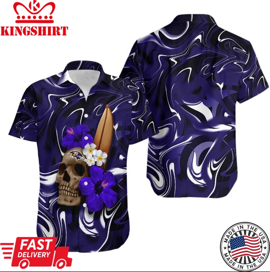 Baltimore Ravens Skull And Hibiscus Flower NFL Gift For Fan Hawaiian Shirt & Short