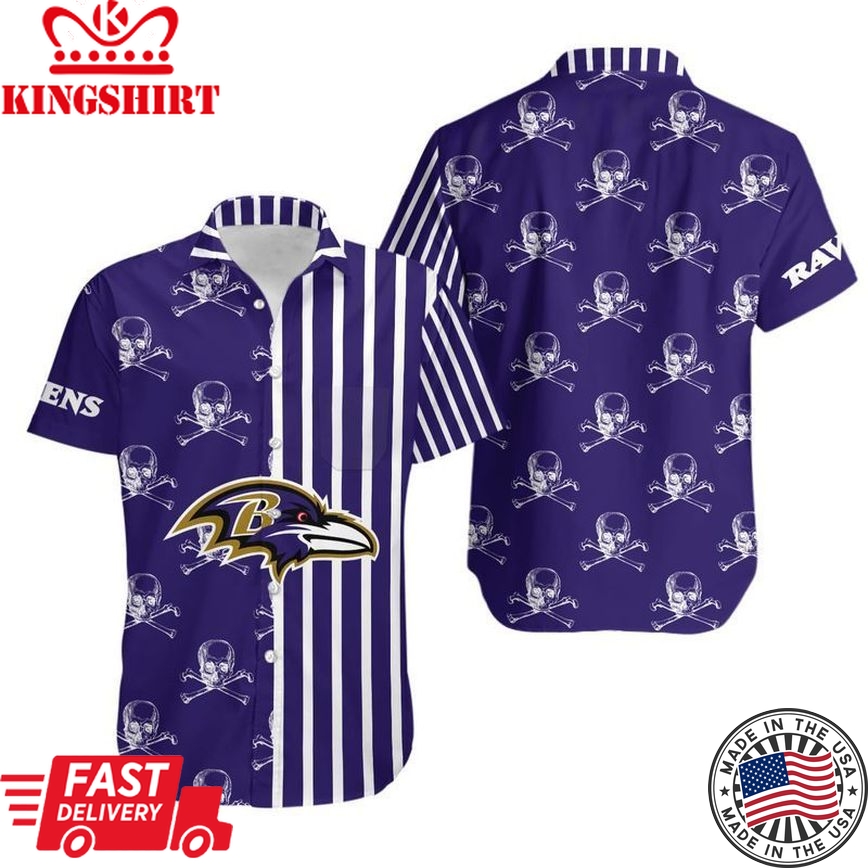 Baltimore Ravens Stripes And Skull Hawaii Shirt And Shorts Summer Collection Trending Hawaiian Shirts