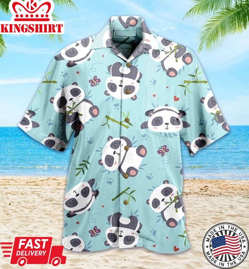 Bamboo Mint Panda Blue Trendy Hawaiian Shirt 3D, Panda Green Tropical Leaves Trendy Hawaiian Shirt, Panda Lover Trendy Hawaiian Shirt For