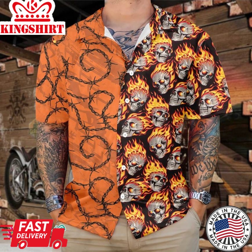 Barbwire Fire Skull Biker Motorcycle Hawaiian Shirt, Unique Gift For Bikers