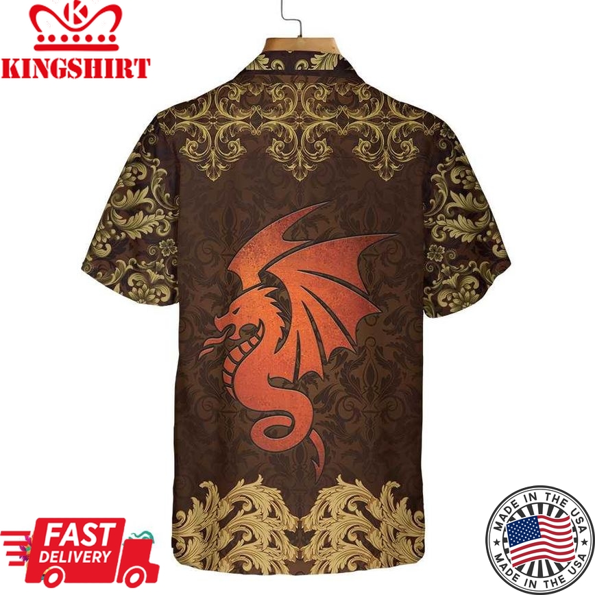 Baroque Dark Brown Dragon Hawaiian Shirt, Vintage Pattern Dragon Shirt