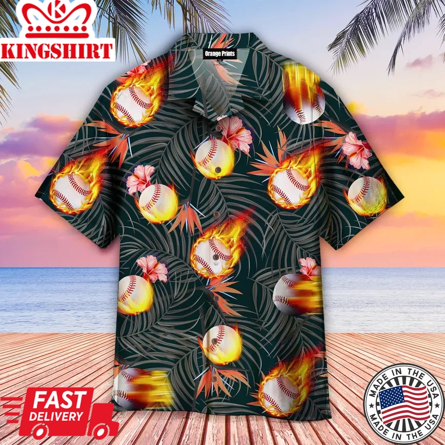 Baseball Fire Floral Tropical Trendy Hawaiian Shirt For