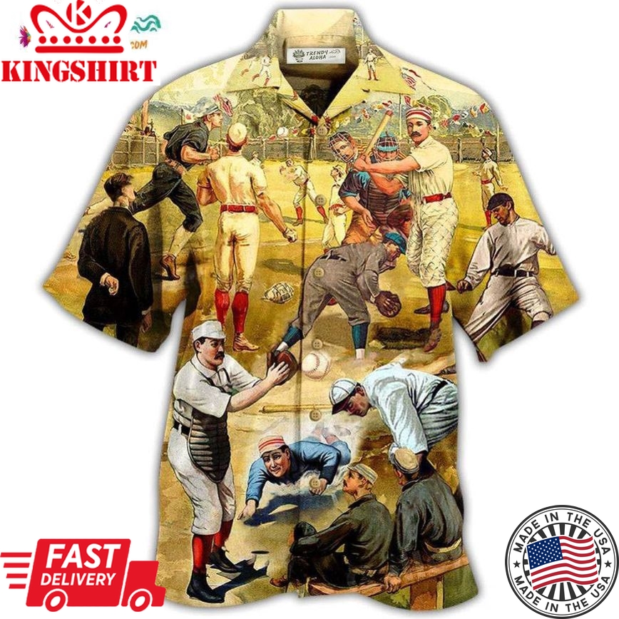 Baseball Hit Hard Run Fast Turn Left Vintage Style Hawaiian Shirt