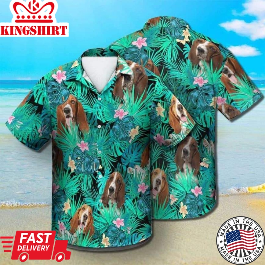 Basset Hound Dog Summer Leaves Trendy Hawaiian Shirt, Basset Hound Trendy Hawaiian Shirt, Aloha Shirt For Dog Lover Summer Gifts