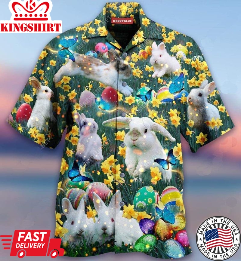 Beach Shirt Discover Cool Lovely Bunny And Butterfly In Flower Garden Happy Easter Hawaiian Aloha Shirts