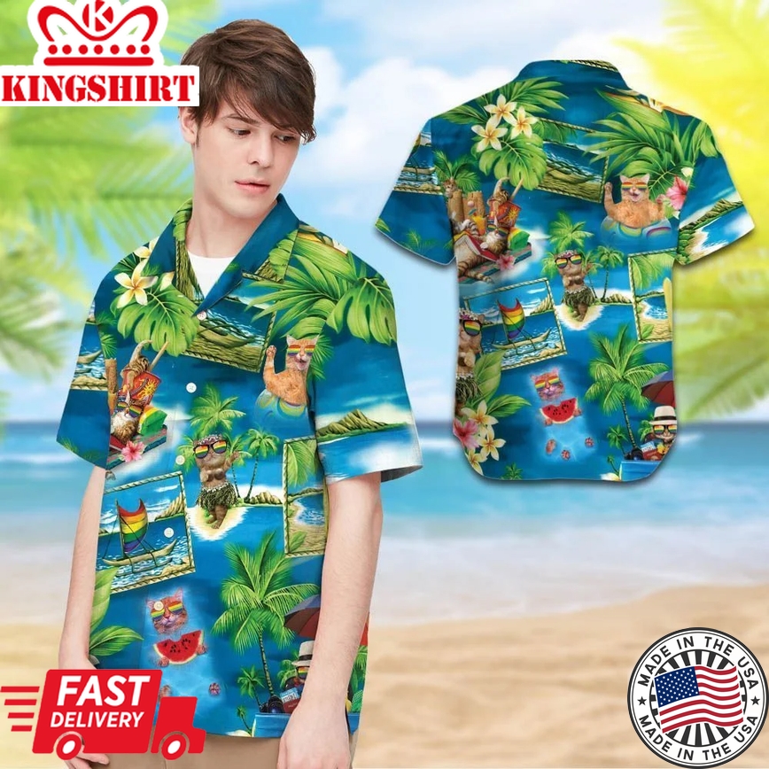 Beach Shirt Felacia Lgbt With Cats And Tropical Leaves For Lgbt Community Hawaiian Shirt