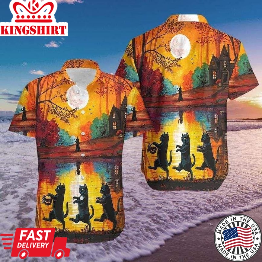 Beach Shirt Hawaiian Aloha Shirts Halloween Walking Cat, Unisex Print Aloha Short Sleeve Casual Shirt