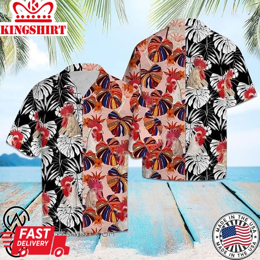 Beach Shirt Tropical Rooster Floral Trendy Hawaiian Shirt, Chicken Lover Trendy Hawaiian Shirt For Summer Gifts