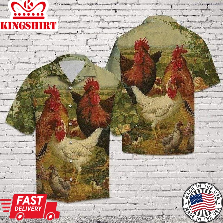 Beach Shirt Vintage Chicken On Farm Trendy Hawaiian Shirts, Chicken Lover Trendy Hawaiian Shirt For Summer Gifts