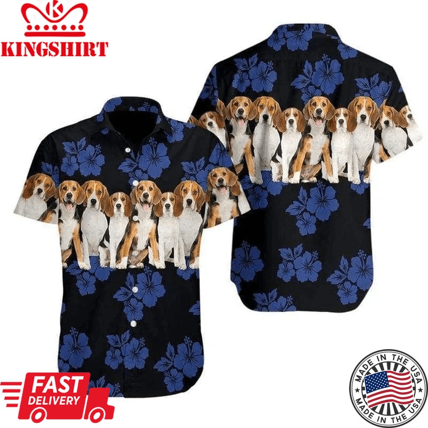 Beagle Trendy Hawaiian Shirt, Dog Trendy Hawaiian Shirt, Tropical Hibiscus On Black Pattern Trendy Hawaiian Shirt