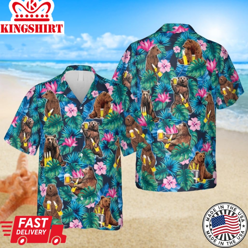 Bear And Beer Trendy Hawaiian Shirt, Tropical Plants Clothing