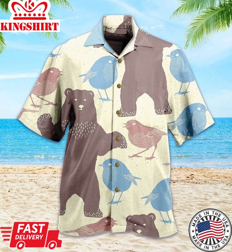 Bear And Bird Yellow Trendy Hawaiian Shirt 3D Summer Gifts